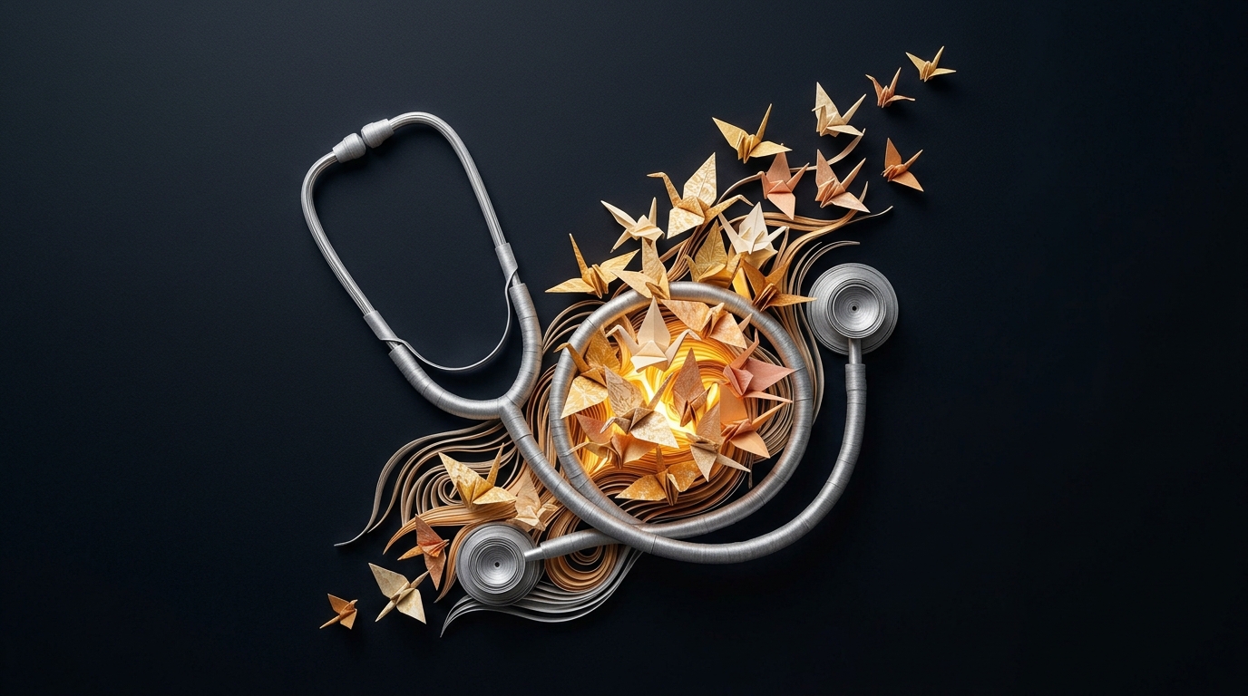 Empathetic Clinician Stethoscope & Golden Origami Crane Flight in Frameless Papercraft