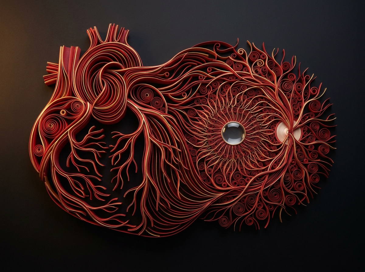 Crimson Coronary Arterial Tree & Gold-Filigree Retinal Microcirculation in Frameless 3D Paper Quilling